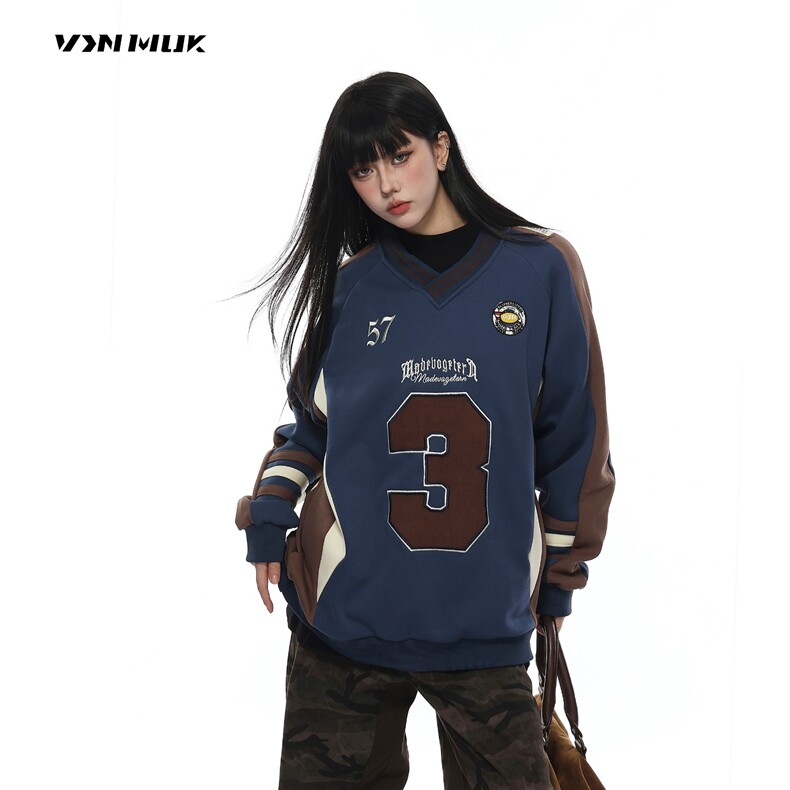 美式徽章刺绣V领撞色拼接卫衣男女冬季情侣运动上衣WB601-P49,男装卫衣,星座412-3