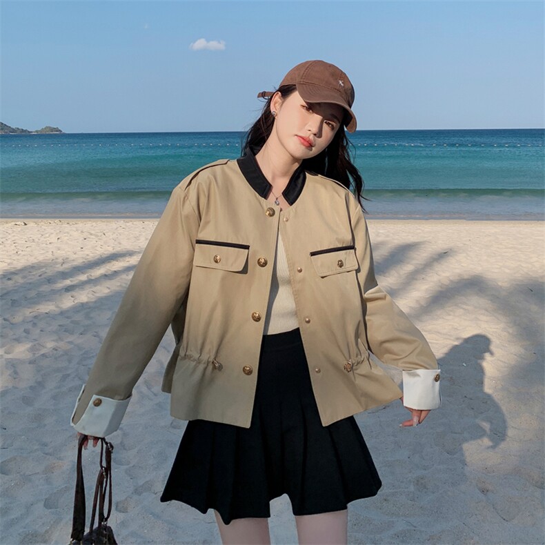 卡其色短风衣女春秋2024新款设计感抽绳收腰漂亮外套气质名媛上衣,女装短外套,帛香坊