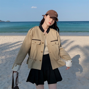 卡其色短风衣女春秋2024新款设计感抽绳收腰漂亮外套气质名媛上衣