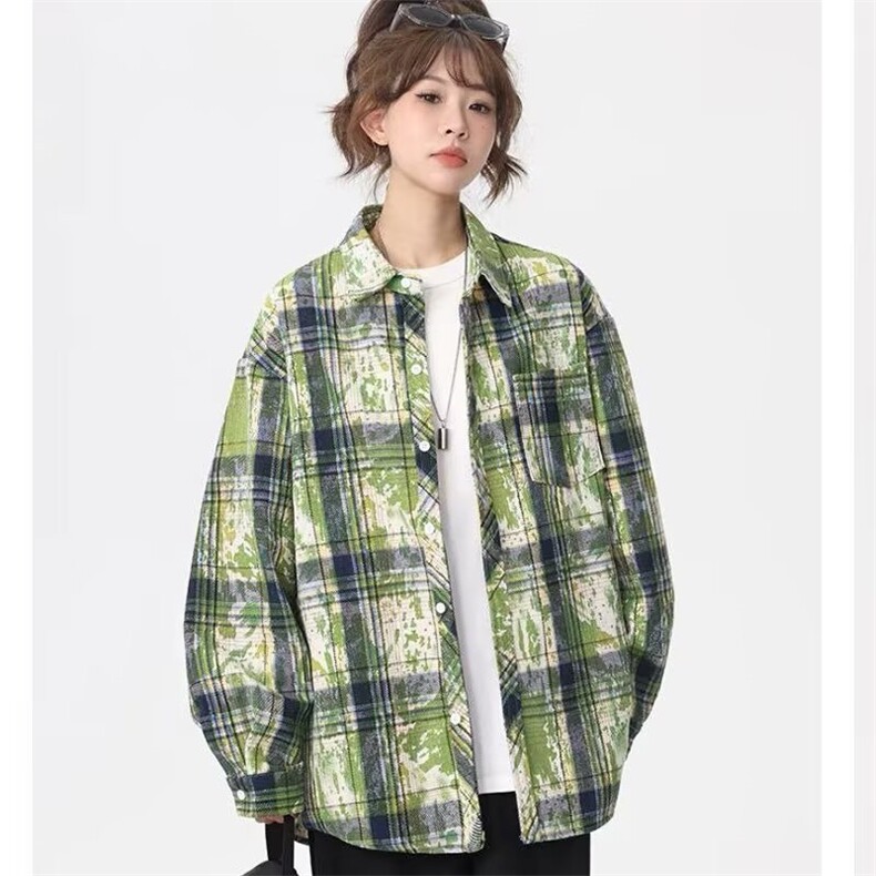 TC483-P45美式复古扎染格子衬衫高级感长袖衬衣情侣款外套,女装衬衫,星座617A-2