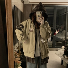C947-P100复古假两件连帽潮牌假两件外套女2025春秋新款情侣夹克，男装棉衣，星座911-2(原星座613-2）