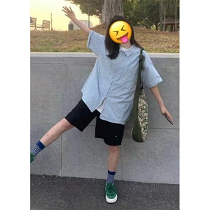 街头短袖衬衫女夏季半袖小众上衣条纹五分袖开衫衬衣 CA150图片