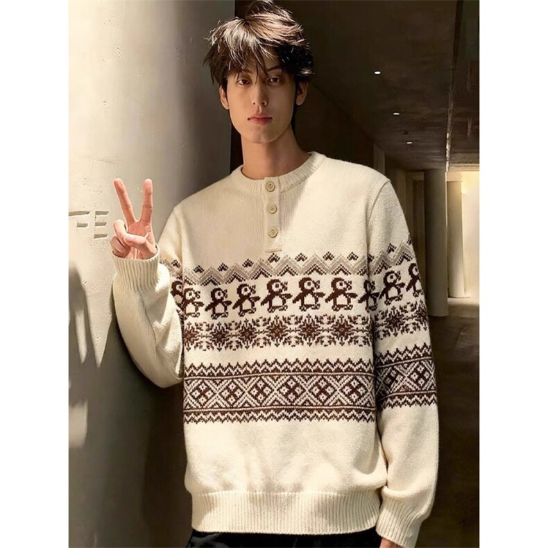 网图圣诞企鹅费尔岛亨利领毛衣美式复古提花针织衫MYZ9584-特P65，男装针织衫/毛衣，星座1007（原301D）