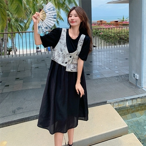 黑色拼接马甲假两件连衣裙女夏2025新款时尚宽松减龄超好看茶歇裙图片