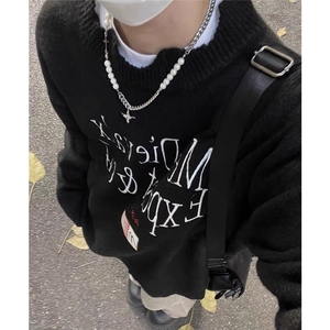 美式字母图案印花破洞毛衣男女秋冬季不规则圆领织衫上衣 M243图片