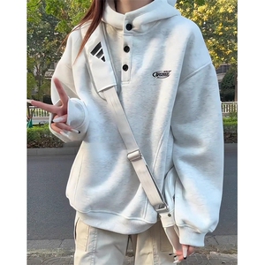 半排扣重磅卫衣男女秋冬美式刺绣设计感连帽衫外套 W008图片