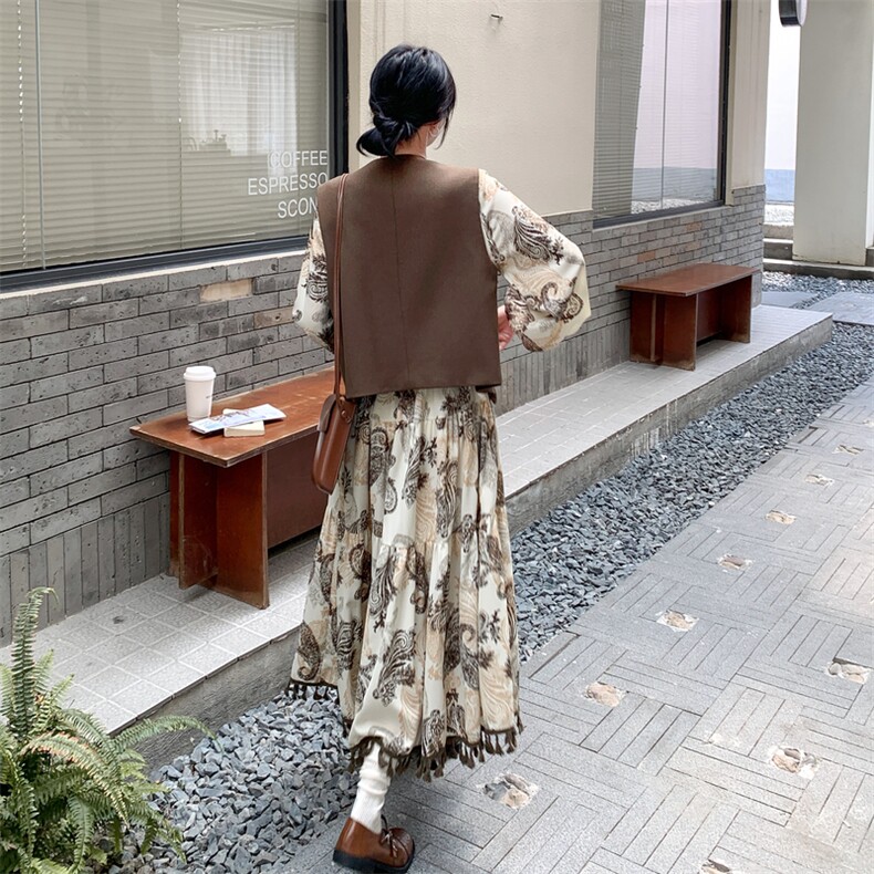 法式碎花连衣裙套装女2025秋季新款高级气质单排扣马甲长裙两件套,女装套装/套裙,2C305