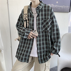 秋装港风ins长袖格子衬衫学生衬衣百搭外套男女潮韩版H210/P45，男装衬衫，钱塘713