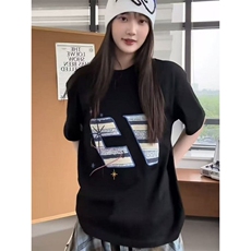潮牌美式复古咪刺绣短袖t恤女纯棉宽松情侣上衣TX295，男装T恤，星座208-5