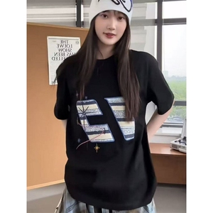 潮牌美式复古咪刺绣短袖t恤女纯棉宽松情侣上衣TX295图片