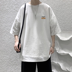 YT26350-P30亚麻短袖t恤男大码五分袖男宽松七分袖大皂风模特，男装T恤，电商A040