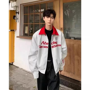 美式街头撞色翻领条纹夹克男女春季cleanfit高街宽松飞行服外套潮图片