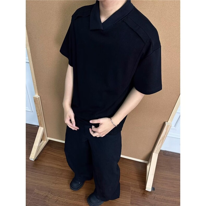 不规则领口解构短袖polo衫男夏季cleanfit美式t恤设计感潮牌半袖,男装T恤,星座506A