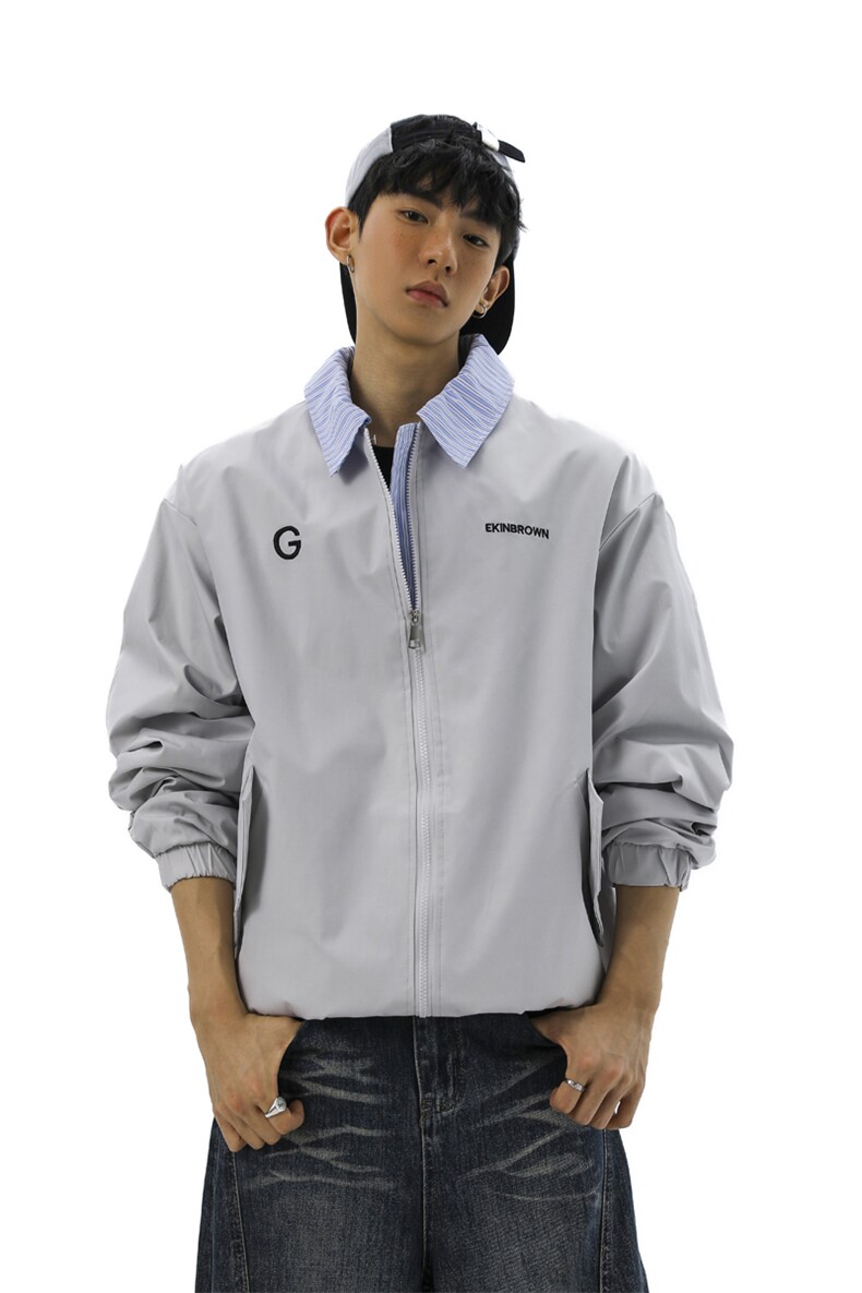 条纹撞色领字母刺绣大码M-5XL夹克男100%聚酯纤维JK78080P69控98,男装夹克,星座226-1