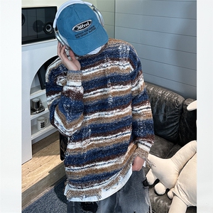 秋冬高街风男女同款条纹套头毛衣秋冬保暖圆领针织衫23M01-P70