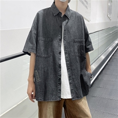 牛仔短袖衬衫男夏季薄款七分袖外套ins潮流宽松衬衣W3247-P48，男装衬衫，星座512-2