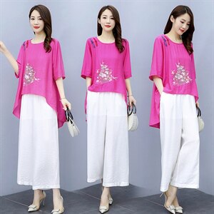 2021夏季新款简约气质圆领复古盘扣装饰时尚图案刺绣棉麻两件套,女装套装/套裙,韩宇舍