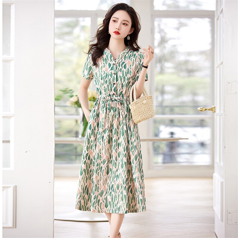印花亚麻连衣裙女中长款2023夏季新款小个子V领收腰显瘦棉麻裙子,女装连衣裙,牡丹诺