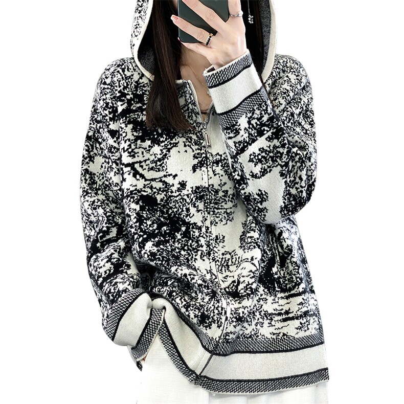 重工100羊绒水墨画连帽拉链开衫女提花加厚宽松慵懒羊毛针织外套,女装羊毛衫,优麦羊绒（原洪叶羊绒）