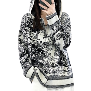 重工100羊绒水墨画连帽拉链开衫女提花加厚宽松慵懒羊毛针织外套图片