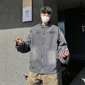 美式水洗立领牛仔外套潮牌机车设计感痞帅夹克图片