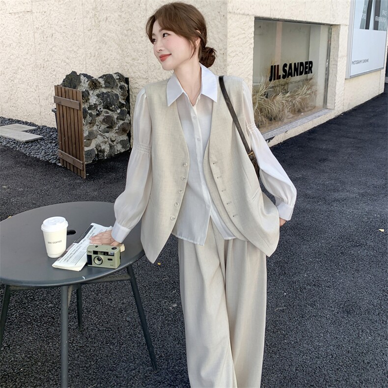 老钱风气质马甲套装女秋季2025年新款一整套穿搭衬衫阔腿裤三件套,女装套装/套裙,2C203