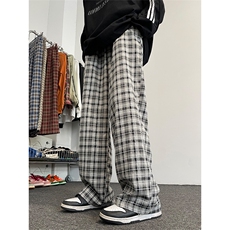 12美式街头复古格子裤男女同款宽松阔腿直筒裤XZ211-1-K2354-P60，男装休闲裤，星座211-1