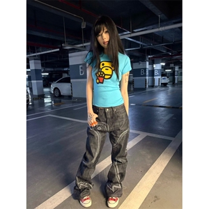 小众美式原牛和平鸽多缝线牛仔裤男女宽松微喇拖地裤直筒休闲裤子图片