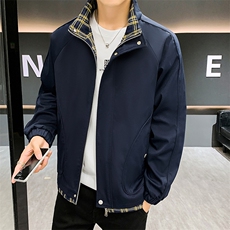 春秋外套立领夹克男士拼接潮流款式格子休闲外套百搭上衣2595-P50，男装夹克，星座1403B