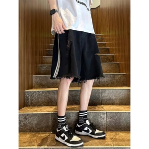 破洞牛仔短裤男夏季美式复古三条杠裤子设计感小众潮牌宽松大裤衩图片