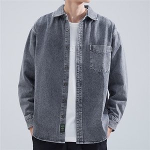 秋季日系复古水洗牛仔衬衫男宽松休闲纯色拼接长袖衬衣外套