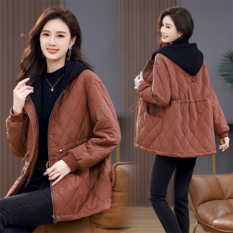 2024年秋季新款潮中长款连帽抽绳收腰菱格外套韩版休闲棉衣棉服女，女装棉衣/棉服，简韵佳