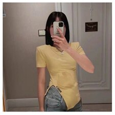 抖音网红西米自制女装夏款弹力螺纹个性贴图开叉短袖T恤打底上衣，女装T恤，潮品会
