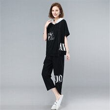 2021夏季新款时尚气质拼接撞色印花连帽套装，女装套装/套裙，叶笙衣
