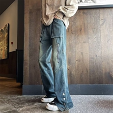 美式高街牛仔裤男韩版潮口袋裤脚开衩2024春季ins长裤RK1175-P51，男装牛仔裤，星座412-3