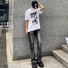 美式高街重磅水洗男女黑灰质感微喇弹力修身牛仔裤SK7083P40，男装牛仔裤，星座1112-1