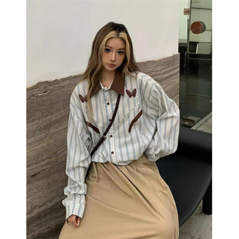春秋复古休闲撞色领学院风条纹蝴蝶长袖衬衫上衣女潮CM156,男装衬衫,星座1116A（原606A-3）