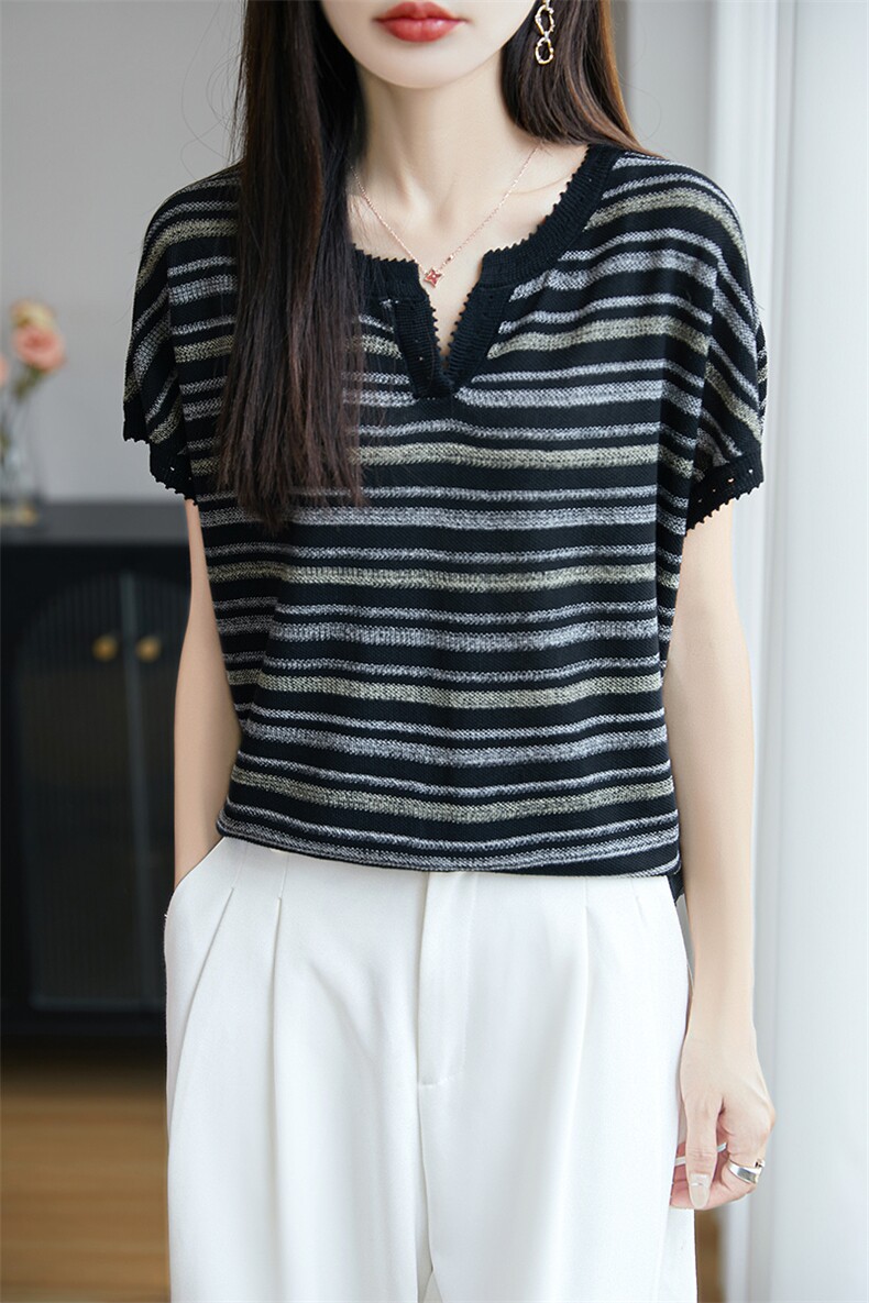 撞色POLO翻领条纹小飞袖t恤女2025夏薄冰麻洋气针织上衣T恤小衫潮,针织衫/毛衣,郡淞羊绒