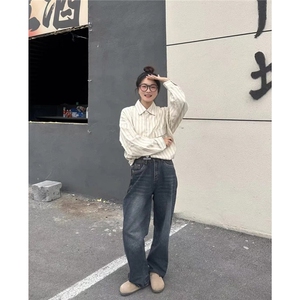 美式复古条纹长袖衬衫男女春秋冬季宽松衬衣外套CSA385-P43图片