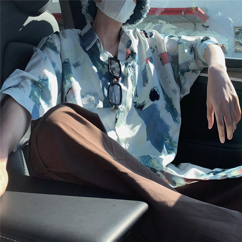 2026夏休闲水墨画冰丝凉感短袖五分袖半袖衬衫CS29/特P30浅蓝2,男装衬衫,电商A094