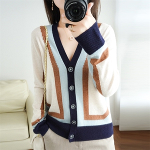 秋冬外搭羊绒开衫女V领针织撞色宽松外套女毛衣拼色打底长袖上衣图片