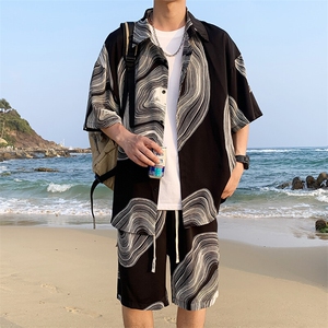 特批P45无差价夏季新中式风冰丝休闲短袖短裤男两件套装TZ068