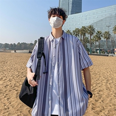 花衬衫男短袖夏季条纹休闲上衣服外套翻领大码衬衣A012/863P35，男装衬衫，电商A012