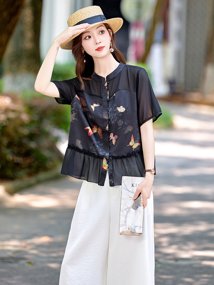 （现货）夏季新款时尚印花衬衫阔腿裤两件套裤,女装套装/套裙,恋慕依尚