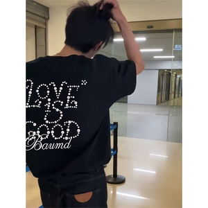 抖音得物供货210克现货宽松纯棉美式潮牌印花落肩袖纯棉T恤AT2184图片