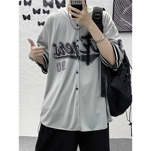 开衫印花短袖T恤男女夏季ins港风复古棒球服衬衣宽松五分半袖体恤图片