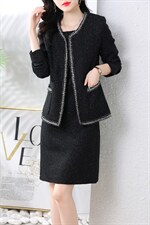 小香风套装连衣裙女2024冬装新款高端毛呢外套遮肚显瘦两件套裙子，女装套装/套裙，罗得堡