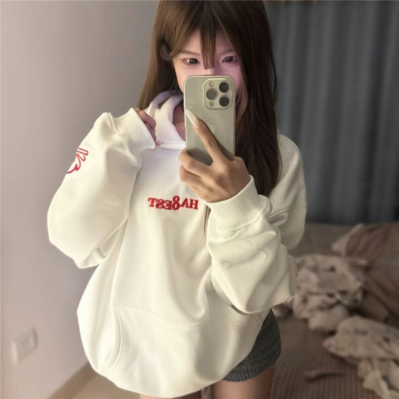 美式复古火焰字母刺绣连帽卫衣2025男女新款情侣秋冬季帽衫外套潮图片