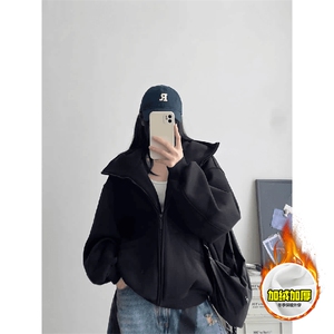 480G重磅加绒硬挺boxy 男女秋冬美式高街防风高领卫衣开衫厚外套图片