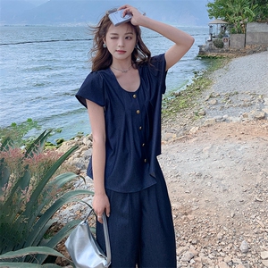时尚高级感短袖轻薄套装女2025夏季新款气质休闲简约阔腿裤两件套图片